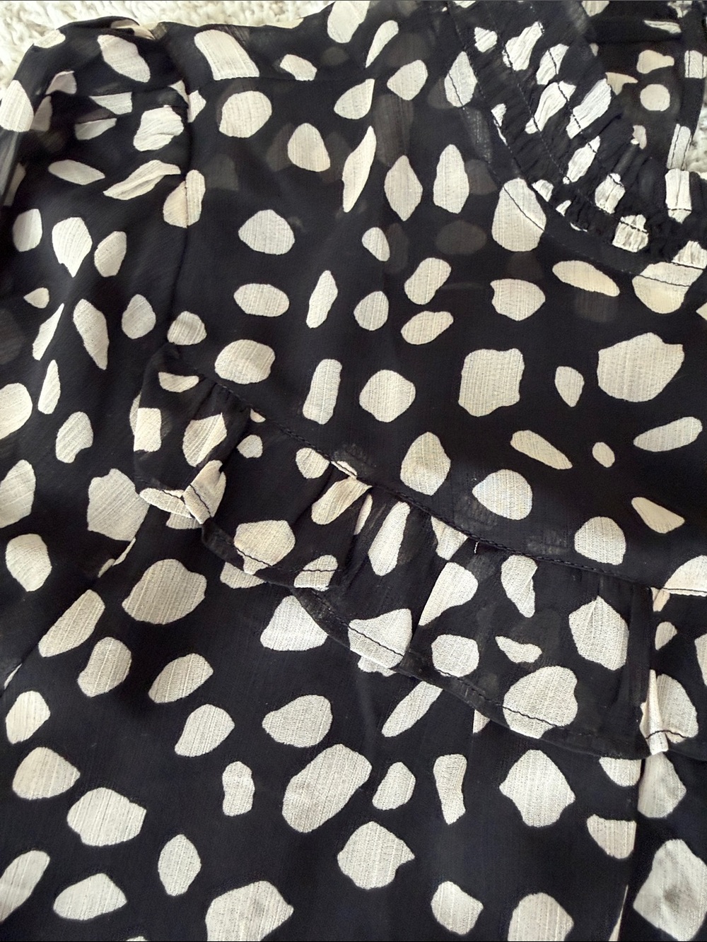 LOFT Black Blouse with Beige Spot Print and Ruffle Neck - Picture 3 of 8